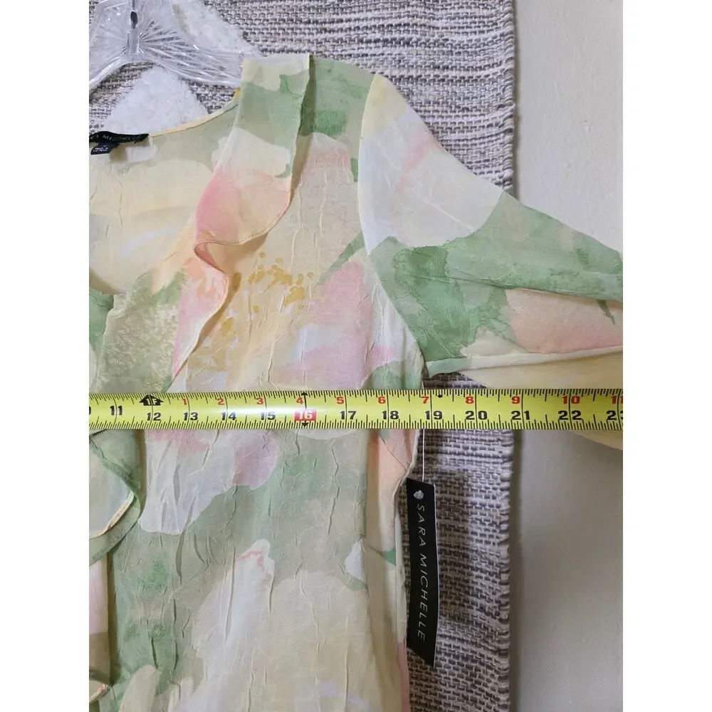 NWT Sara Michelle Sheer Floral Blouse Size S Green Pastel Ruffle Front